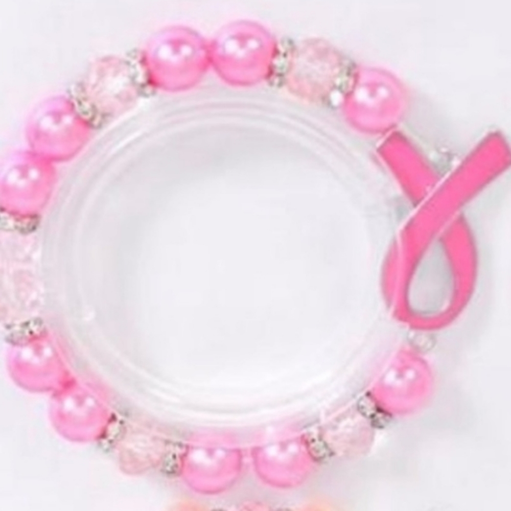 Bracelet Lt Pink Cancer Ribbon Beaded Rhinestone Pearl w/ 1  Cancer Ribb…